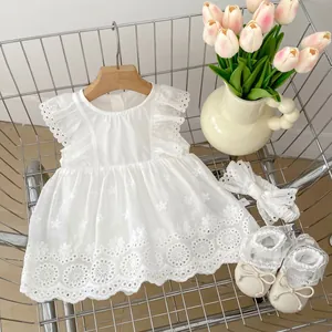 Baby girl white cotton lace romper dress set with matching headband and soft shoes