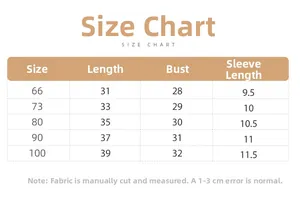 Detailed size chart for baby denim overalls with measurements for length and chest