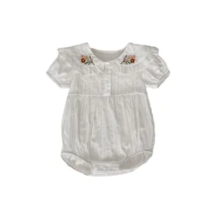 White baby girl romper with floral embroidery collar and short puff sleeves for summer