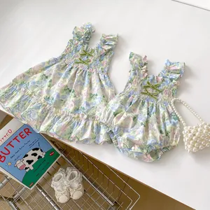 Ensemble Barboteuse et Robe en Coton Fleuri pour Bébé Fille avec Volants et Noeud en Velours Tenue d'Été