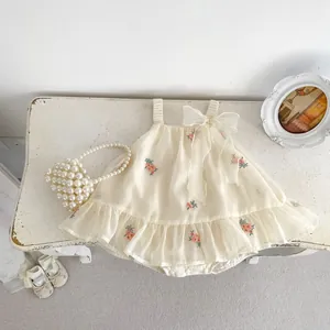 Beige baby girls' floral embroidery romper dress with big shoulder bows and ruffled tutu