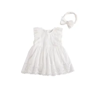 Baby girl white cotton romper dress with flutter sleeves and matching bow headband