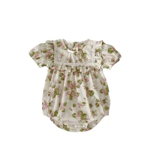 Baby girl floral short sleeve romper with ruffle lace trim in summer cream style