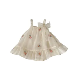 Floral embroidered baby girl tulle romper dress with cream bow and lace detail