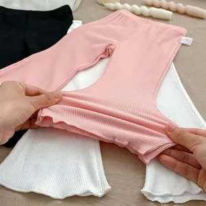 Girls' ribbed knit flared leggings with ruffled hem, stretchy summer casual pants