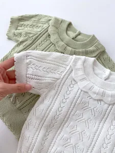 Detail of breathable hollow knit fabric and scallop collar on baby summer outfit set