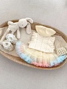 Detalle de conjunto para bebé con top de punto, falda de tul arcoíris y zapatos
