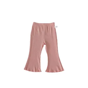 Girls pink ribbed flare pants featuring a comfortable elastic waist and breathable cotton