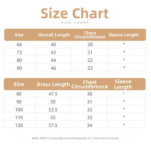 Size chart for baby rompers and girls' dresses with detailed length and chest measurements