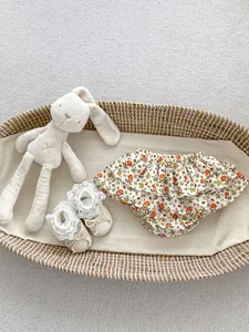 Baby girl floral ruffle bloomers and lace shoes with bunny plush in a wicker bassinet