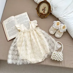 Baby Girls 3D Rose Flower Mesh Romper Dress Ruffle Flutter Sleeve Princess Bodysuit Infant Birthday Party Tutu Outfit