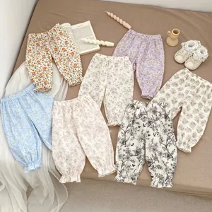 Pantalon Bouffant Anti-Moustique Floral pour Fillette en Coton Respirant Sarouel Taille Élastique Ourlet à Volants Décontracté Été
