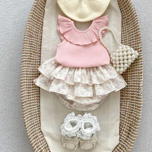 Baby Girl Summer Sleeveless Ribbed Knit Ruffle Top And Floral Print Layered Cake Skirt Pants Cotton Lightweight Clothes