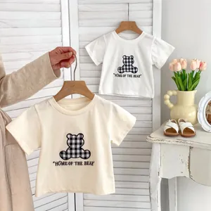Set di Abbigliamento T-Shirt in Cotone con Motivo a Orsetto a Quadri E Pantaloncini in Denim Morbido per Neonati Bambini E Bambine Outfit Estivo Casual