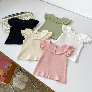 Baby Girls Ribbed Cotton T-Shirt Ruffle Collar Flutter Sleeve Solid Color Floral Print Summer Infant Toddler Top And Bloomers