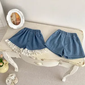 Korean Style Baby Girls Denim Shorts Lace Trim Solid Color Soft Cotton Denim Toddler Kids Summer Shorts