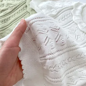 Hollow knit baby summer set in white and light green with scalloped lace edges