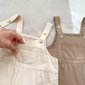 Infant cotton linen overalls set in beige and coffee colors with front pockets and buttons
