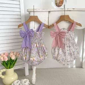 Floral baby girl rompers with large shoulder bows and cute rabbit patterns in pink and purple
