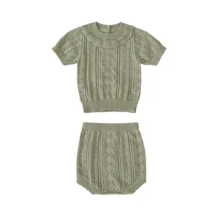 Baby girl summer knit set with hollow-out short sleeve top and shorts in sage green