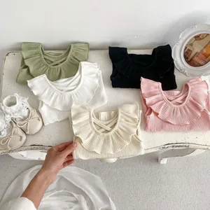 Girls ribbed knit sleeveless top with ruffle collar in multiple pastel colors