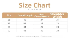 Detailed size chart for baby rabbit ear sleeveless romper measuring length and chest