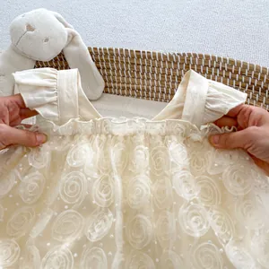 Infant cream lace bodysuit dress with 3D rose tulle and flutter sleeves for baby girls