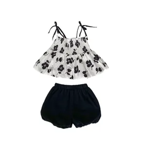 Toddler girls summer floral camisole top and black bloomers shorts two-piece set
