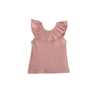 Pink rib-knit sleeveless baby girl top featuring a large ruffle collar and soft texture