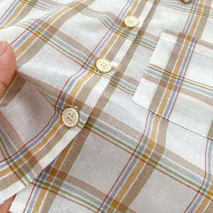 Classic plaid cotton linen shirt for boys with front pocket and natural texture fabric