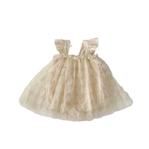 Infant cream lace romper dress featuring 3D floral mesh and ruffled flutter sleeves