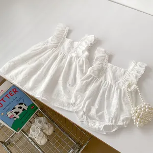 Baby Girl White Eyelet Embroidery Cotton Romper Flutter Sleeve Summer Dress Pastoral Style Infant Bodysuit Jumper Clothing