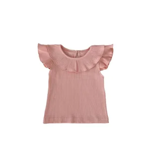 Pink sleeveless baby girl ruffle collar top in soft ribbed knit fabric for summer