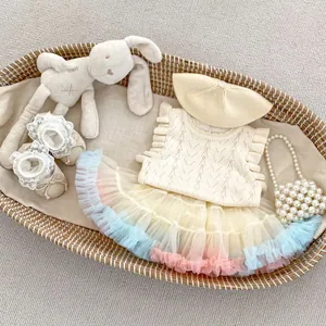 Trajes de Falda de Tul y Chaleco de Punto para Bebés Niñas Top sin Mangas de Algodón Zapatos Blandos Boina