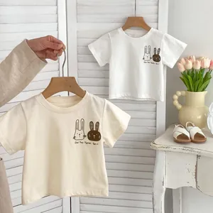Set di Abbigliamento Estivo per Bambini in Cotone T-Shirt a Maniche Corte con Coniglio e Pantaloncini di Denim o Bretelle Stile Coreano