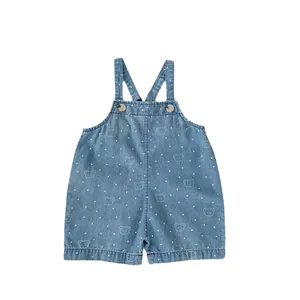 Infant denim overalls with cute bear prints and white polka dots for summer wear