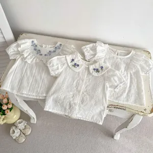 Baby Mädchen Sommer Baumwolle Kurzarm Hemd Weiß Blau Blumenstickerei Revers Rüschen Top Dünn Atmungsaktiv Kleinkind Bluse