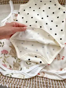 Detail of snap button closure and soft cotton fabric on baby sleeveless bodysuits