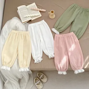 Pantalon Bouffant en Gaze de Coton pour Bébé Fille Bordure en Dentelle Anti Moustique Été Respirant Vêtements Enfant