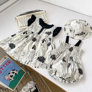 Baby Girls Vintage Floral Romper Dress and Hat Set 100% Cotton Summer Sleeveless Flutter Sleeve Outfits For Toddlers
