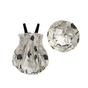 Baby girl summer floral romper with matching hat in vintage Chinese style, cream and black