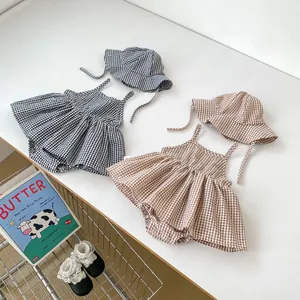 Infant Baby Girl Vintage Gingham Suspender Romper And Hat Summer Sleeveless Cotton Plaid Jumpsuit Outfit