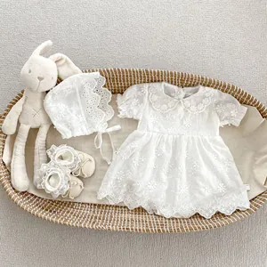 Baby Girl 3-Piece Clothing Set Cotton Floral Embroidery Romper Dress With Hat And Shoes Vintage Princess Infant Outfit