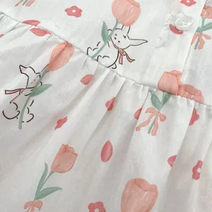 Baby bunny print cotton romper with tulip pattern and decorative button details