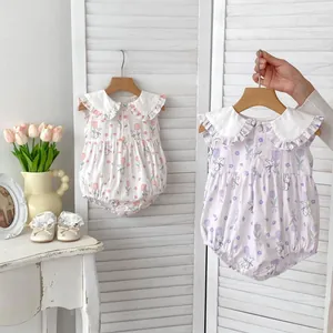 Cute bunny and tulip print sleeveless baby rompers in pink and purple colors