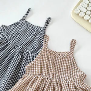 Baby girl summer plaid suspender bodysuit dresses in black and brown cotton fabric