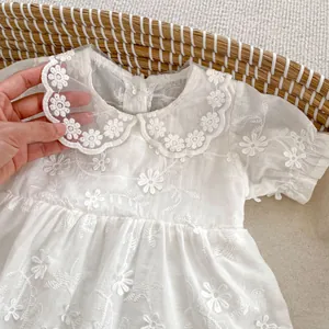 White baby girl floral embroidered dress with lace collar and ruffled short sleeves