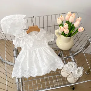 Baby girl white embroidered lace princess dress set with sun hat and bow shoes