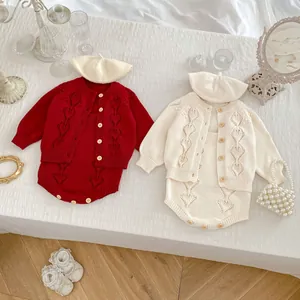 Baby Girl Knitted Romper Cardigan Set Cotton Hollow Out Diamond Pattern Infant Jumpsuit Wood Button Newborn Clothes