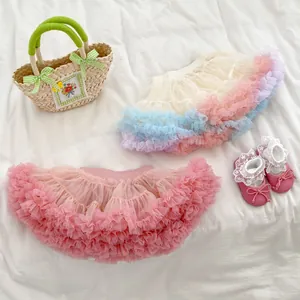 Breathable girls mesh tutu skirt set with colorful layered tiered princess design